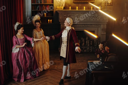Preview: Caucasian Young Adult Man Leading Two Caucasian Women in Baroque Ballroom Dance