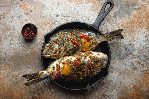 Preview: Raw fish dorado stuffed with vegetables for healthy cooking top view