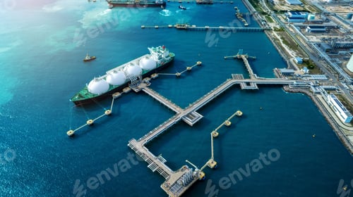 Preview: LNG (Liquified Natural Gas) tanker anchored in Gas terminal gas tanks for storage. Oil Crude Gas