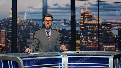 Preview: Bearded anchor man talking at newscast multimedia channel closeup. Daily news
