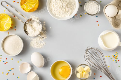 Preview: Background with ingredients for cooking, baking, flat lay.