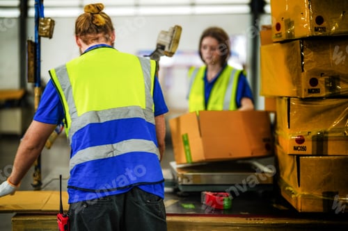 Preview: Warehouse worker folding paper box for packing the items
