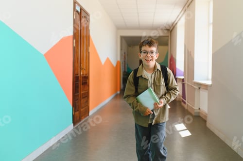 Preview: Happy student walking in school hallway holding book
