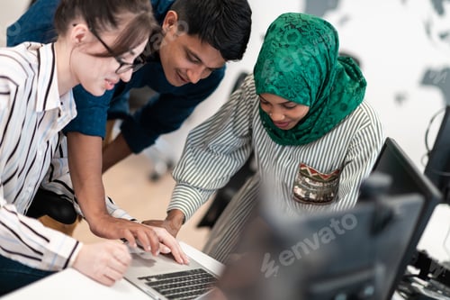 Preview: Multiethnic startup business team Arabian woman wearing a hijab on meeting in modern open plan