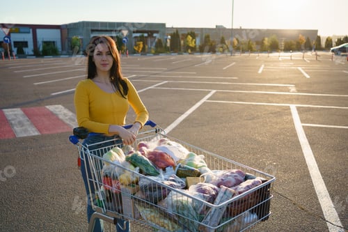 Preview: Woman with shopping cart full of fresh and healthy food on the parking place near the supermarket