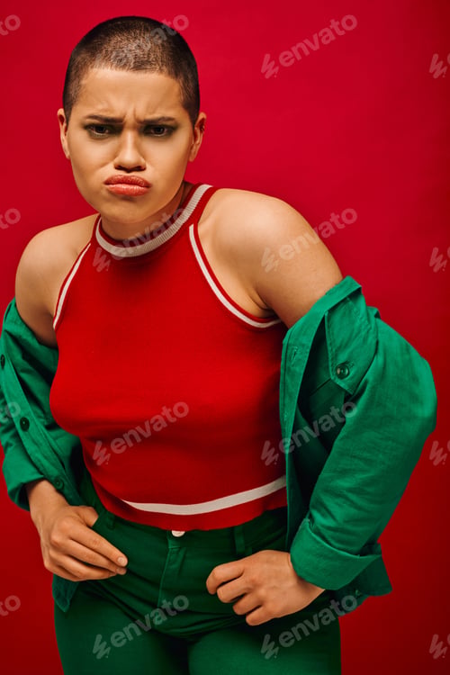 Preview: fashion trend, emotional and tattooed, short haired woman in green outfit posing on red background,