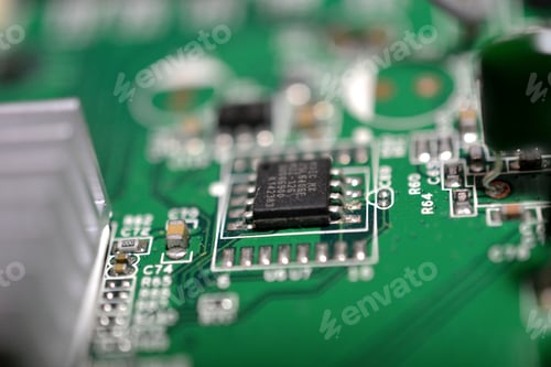 Preview: Selective focus closeup of a green computer circuit board