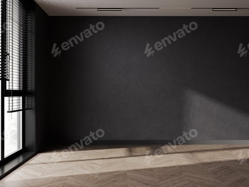 Preview: Empty room with dark walls and wooden floor near window. Empty room for mockup. 3d rendering