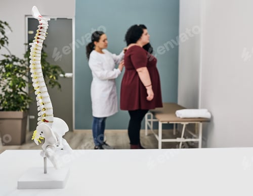 Preview: Protrusion and herniation disc in obese people. Doctor examines a overweight woman patient's spine