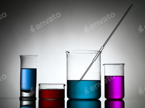 Preview: beakers with dropper and colored liquid substances