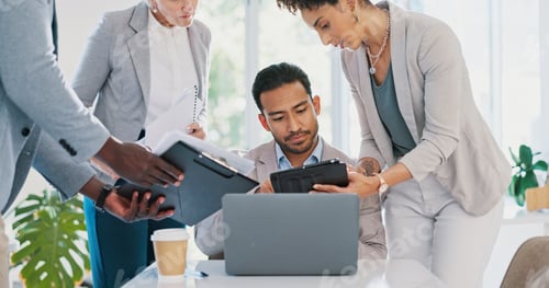 Preview: Businessman, multitasking and time management with leadership in work project, documents and tablet