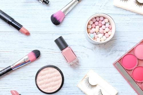 Preview: Flat lay composition with cosmetic products on wooden background