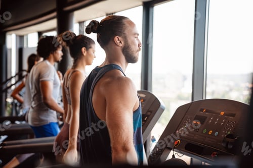 Preview: Fitness, sport, training, gym concept. Group of smiling people exercising in the gym