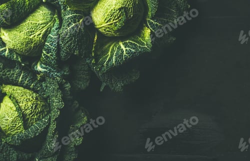 Preview: Raw fresh uncooked green cabbage over dark background, copy space