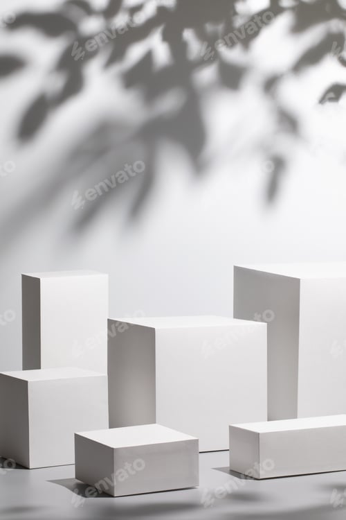Preview: empty stage with six white rectangle podiums on gray background and shadows of tree leaves