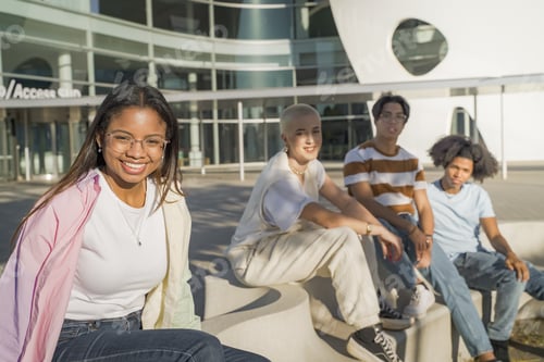 Preview: Multiethnic young students posing and looking to camera on the modern university campus during a