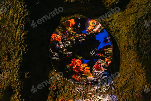 Preview: Underwater world in circle aquarium. Window in rock.