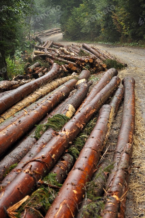Preview: Tree logs piled up near a forest road. Deforestation concept