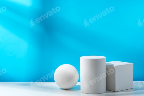 Preview: Three geometric shapes arranged on a table against a bright blue background during daytime lighting
