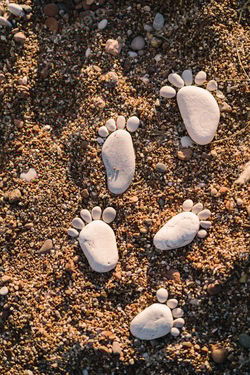 Preview: Chain of footprints of bare feet made of pebbles in the sand
