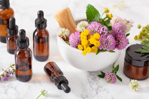 Preview: medical flowers herbs in mortar essential oils in bottles. alternative medicine. clover milfoil