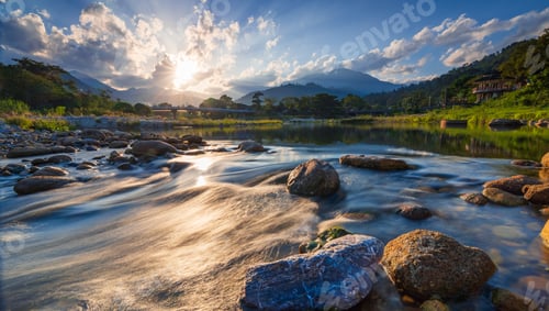 Preview: Sunset over beautiful river at Kiriwong village, Nakhon Si Thammarat, Thailand