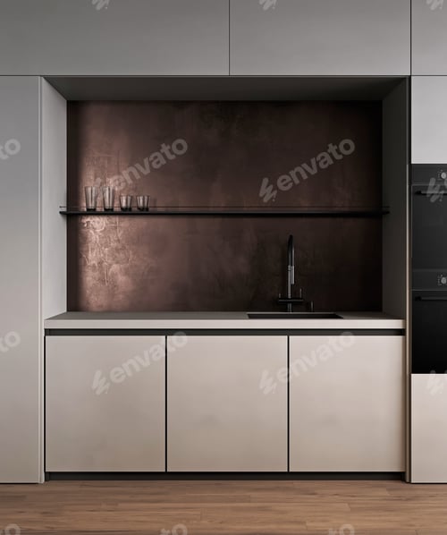 Preview: Front view of modern dark kitchen room interior with furniture and kitchenware, 3d rendering