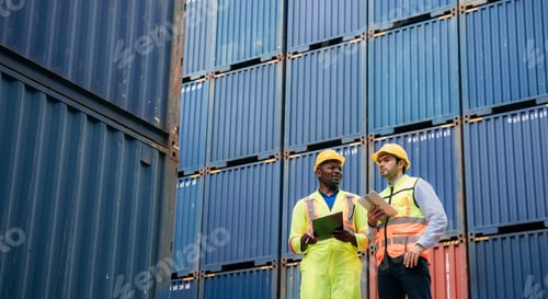 Preview: Foreman checking inventory or task details at Container cargo harbor.