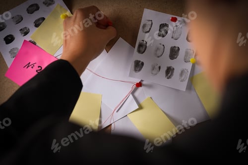 Preview: Blackboard with attached pieces of paper and fingerprints