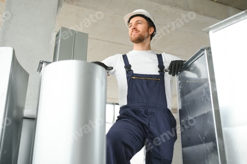 Preview: Industrial Theme. Warehouse Heating and Cooling System Installation by Professional Technician.