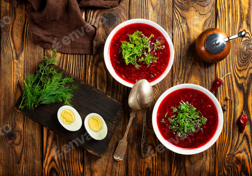 Preview: Ukrainian soup borsch with boiled egg