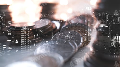Preview: Double Exposure Of City View And Rows Of Coins For Finance , Money , Investment And Business