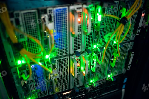 Preview: Closeup of computer server with colorful lights and wires