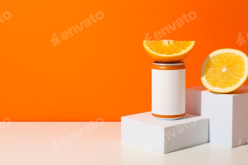 Preview: Tin can and orange on oranges background, space for text