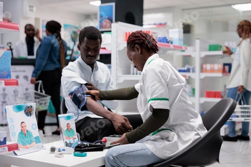 Preview: Pharmacist consultation, medic measuring patient blood pressure