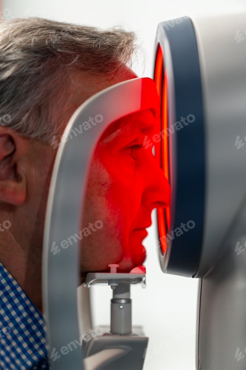 Preview: in ophthalmology clinic elderly patient is diagnosed with a vision test using a red light machine
