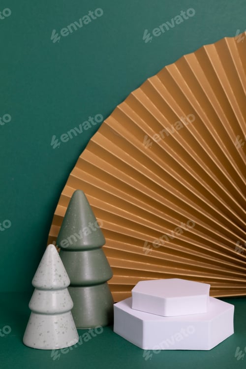 Preview: Podium, stand, platform for product presentation.Abstract background made of paper fans and