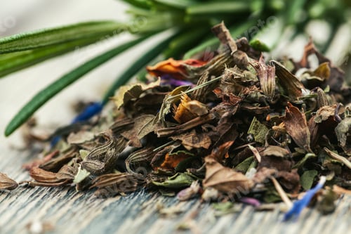 Preview: Assortment of dry tea leaves close up