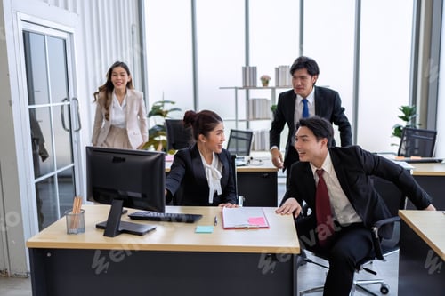 Preview: Employee working in office got news from friend excited and happy together from their winning