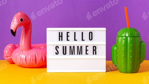 Preview: Retro vibe or 80s, nostalgic style still life with colorful summer accessories