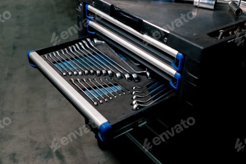 Preview: service station special table with drawers containing tools for the car