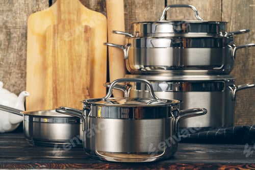 Preview: Set of dishware against old wooden background