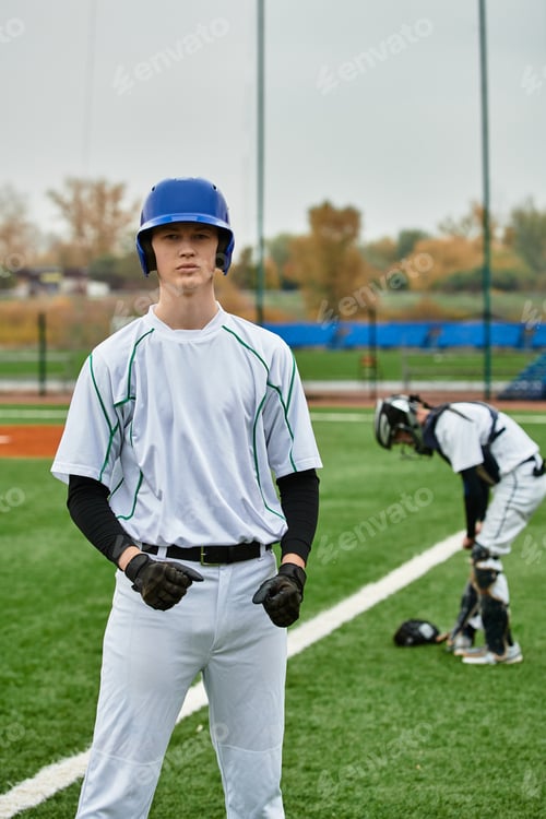 Preview: Two teenage boys engage in spirited baseball practice on a vibrant field in autumn