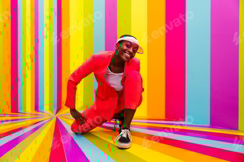 Preview: Beautiful young woman dancing and having fun inside a rainbow box room