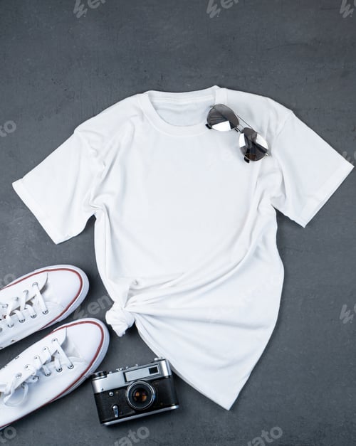Preview: White T-shirt with place for text. Sneakers, glasses, camera - a set of clothes for walking. T-shirt