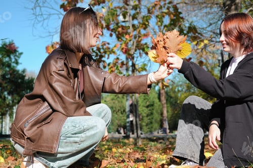 Preview: mother and teen daughter collecting autumn leaves in the park