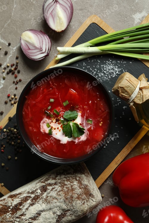 Preview: Concept of tasty eating with borscht on gray background