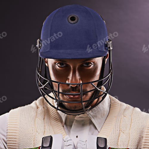 Preview: A cropped shot of an ethnic young man in cricket attire isolated on black