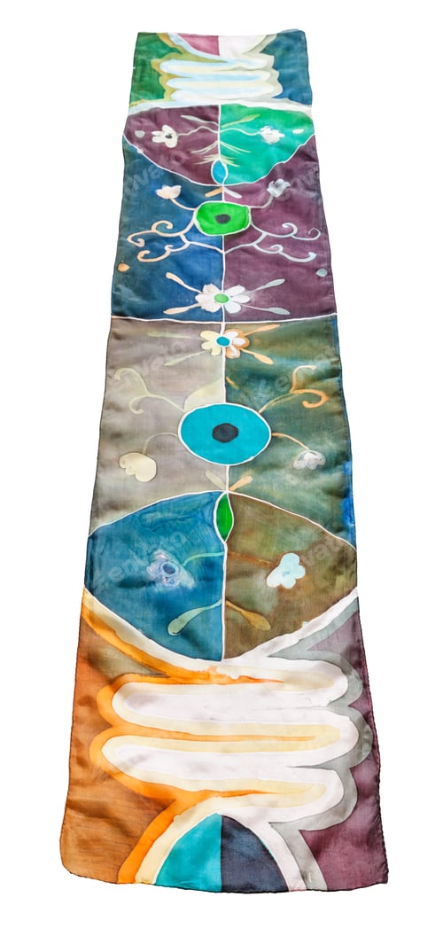 Preview: above view of batik silk scarf with floral pattern