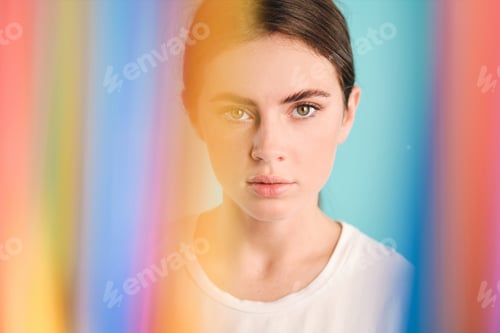 Preview: Serious girl thoughtfully looking in camera through colorful plastic. Stop using plastic straws